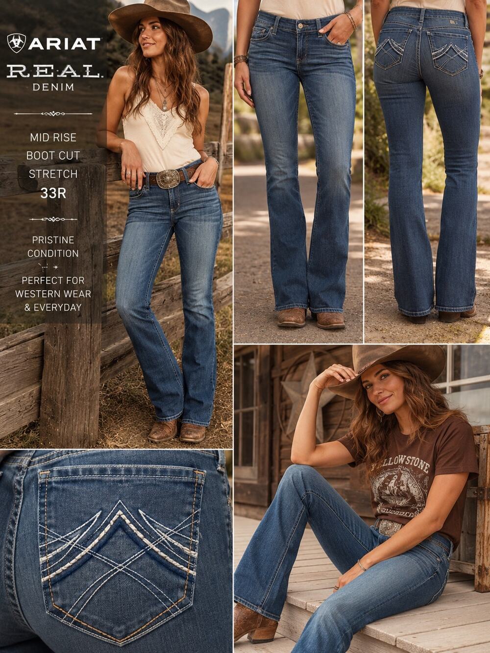 Ariat R.E.A.L. Mid Rise Stretch Boot Cut Jeans 33R Medium Wash Western Cowgirl